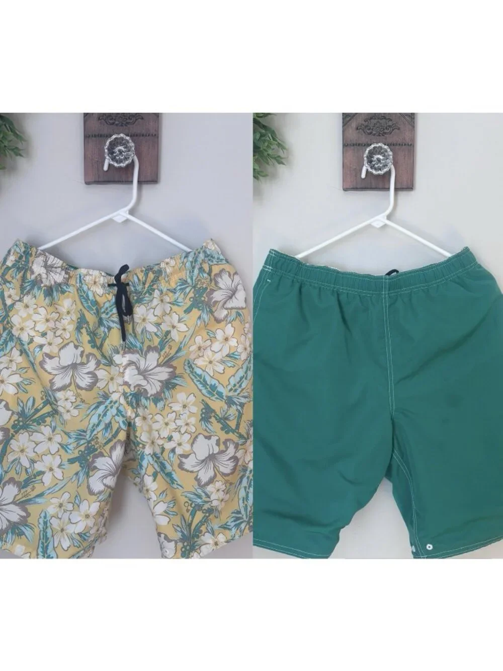 Lands' End Mens Size M Reversible Swim Trunks Green Yellow Floral Pockets